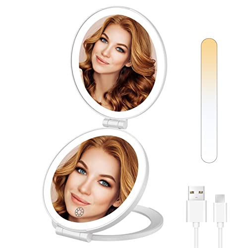 Micacorn Kosmetikspiegel mit LED-Licht, USB Wiederaufladbar Tragbarer Schminkspiegel, Faltbarer Reise Makeup Runder Spiegel mit Stand,1X 5X Vergrößerter Touchscreen 3 Farben Dimmbar Schminkspiegel von Micacorn