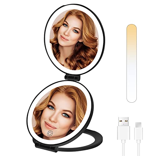 Micacorn Kosmetikspiegel mit LED-Licht, USB Wiederaufladbar Tragbarer Schminkspiegel, Faltbarer Reise Makeup Runder Spiegel mit Stand,1X 5X Vergrößerter Touchscreen 3 Farben Dimmbar Schminkspiegel von Micacorn