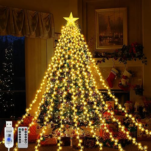 Micacorn LED Wasserfall Lichterkette Stern 2M 9 Stränge 198 LED USB Lichterkette Weihnachtsbaum mit Topper Stern 8 Modi Wasserdichte Lichterkette mit Fernbedienung für Garten Hochzeitsdekoration von Micacorn