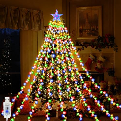 Micacorn LED Wasserfall Lichterkette Stern 2M 9 Stränge 198 LED USB Lichterkette Weihnachtsbaum mit Topper Stern 8 Modi Wasserdichte Lichterkette mit Fernbedienung für Garten Hochzeitsdekoration von Micacorn