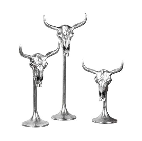 Stierkopf Bulle Schädel Stier Bullenschädel Geweih Hörner Dekoration Silber Aluminium - Deko Modern aus Metall - Für Wohnzimmer, Schlafzimmer oder Badezimmer - Größe: S, M oder L (42 x 23 x 14 cm) von Michael Noll