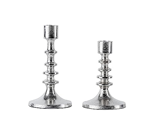 2er Set Kerzenständer Kerzenhalter Aluminium Silber Deko - Kerzenleuchter Modern für Stabkerzen - Tischdeko Hochzeit - Dekoration Wohnzimmer - H 15 und 19 cm von MichaelNoll