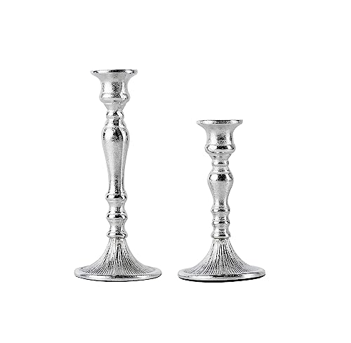 2er Set Kerzenständer Kerzenhalter Aluminium Silber Deko - Kerzenleuchter Modern für Stabkerzen - Tischdeko Hochzeit - Dekoration Wohnzimmer - H 19 und 25 cm von MichaelNoll