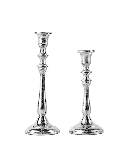 2er Set Kerzenständer Kerzenhalter Aluminium Silber Deko - Kerzenleuchter Modern für Stabkerzen - Tischdeko Hochzeit - Dekoration Wohnzimmer - H 25 und 31 cm von MichaelNoll