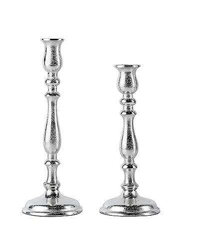 2er Set Kerzenständer Kerzenhalter Aluminium Silber Deko - Kerzenleuchter Modern für Stabkerzen - Tischdeko Hochzeit - Dekoration Wohnzimmer - H 27 und 32 cm von MichaelNoll