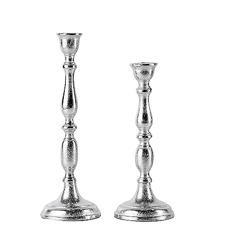 2er Set Kerzenständer Kerzenhalter Aluminium Silber Deko - Kerzenleuchter Modern für Stabkerzen - Tischdeko Hochzeit - Dekoration Wohnzimmer - H 27 und 33 cm von MichaelNoll