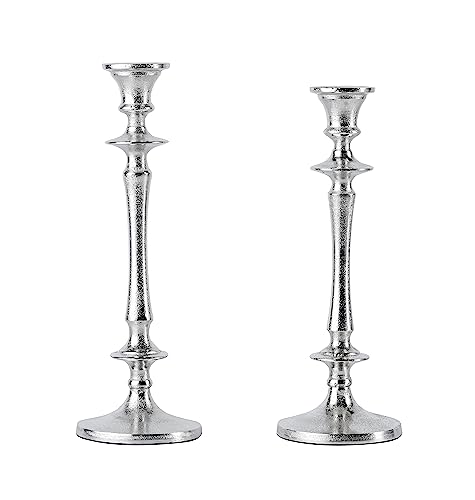 2er Set Kerzenständer Kerzenhalter Aluminium Silber Deko - Kerzenleuchter Modern für Stabkerzen - Tischdeko Hochzeit - Dekoration Wohnzimmer - H 30 und 32 cm von MichaelNoll