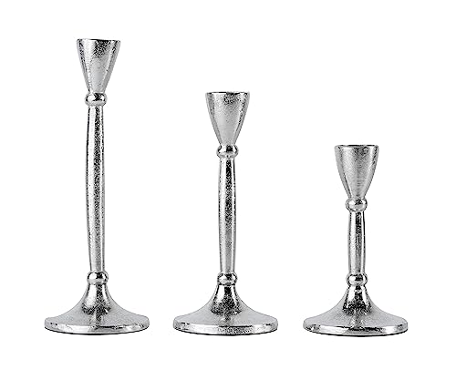 3er Set Kerzenständer Kerzenhalter Aluminium Silber Deko - Kerzenleuchter Modern für Stabkerzen - Tischdeko Hochzeit - Dekoration Wohnzimmer - H 18, 23 und 28 cm von MichaelNoll