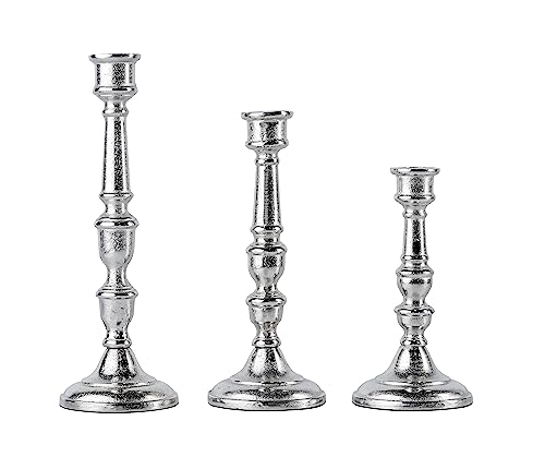 3er Set Kerzenständer Kerzenhalter Aluminium Silber Deko - Kerzenleuchter Modern für Stabkerzen - Tischdeko Hochzeit - Dekoration Wohnzimmer - H 21, 26 und 31 cm von MichaelNoll