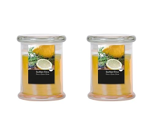 Duftkerze im Glas im 2er-Set - Kerze, Advent, Raumduft - Kein Ruß - Brenndauer: 60 Std. - viele Duftaromen – 9,0 x 11,0 cm (Gelb - Duft: Südlicher Citrus) von MichaelNoll