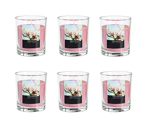 Duftkerze im Glas im 6er Set - Kerze, Advent, Raumduft - Kein Ruß - Brenndauer: 25 Std. - viele Duftaromen – 7,0 x 7,7 cm (Rosa - Duft: Magnolienblüte) von MichaelNoll