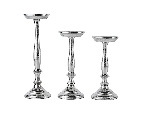 Kerzenständer 3er Set Kerzenhalter Metall Silber Deko - Kerzenleuchter Modern für Stumpenkerzen- Tischdeko Hochzeit - Dekoration Wohnzimmer - H 24, 26 und 33 cm von MichaelNoll