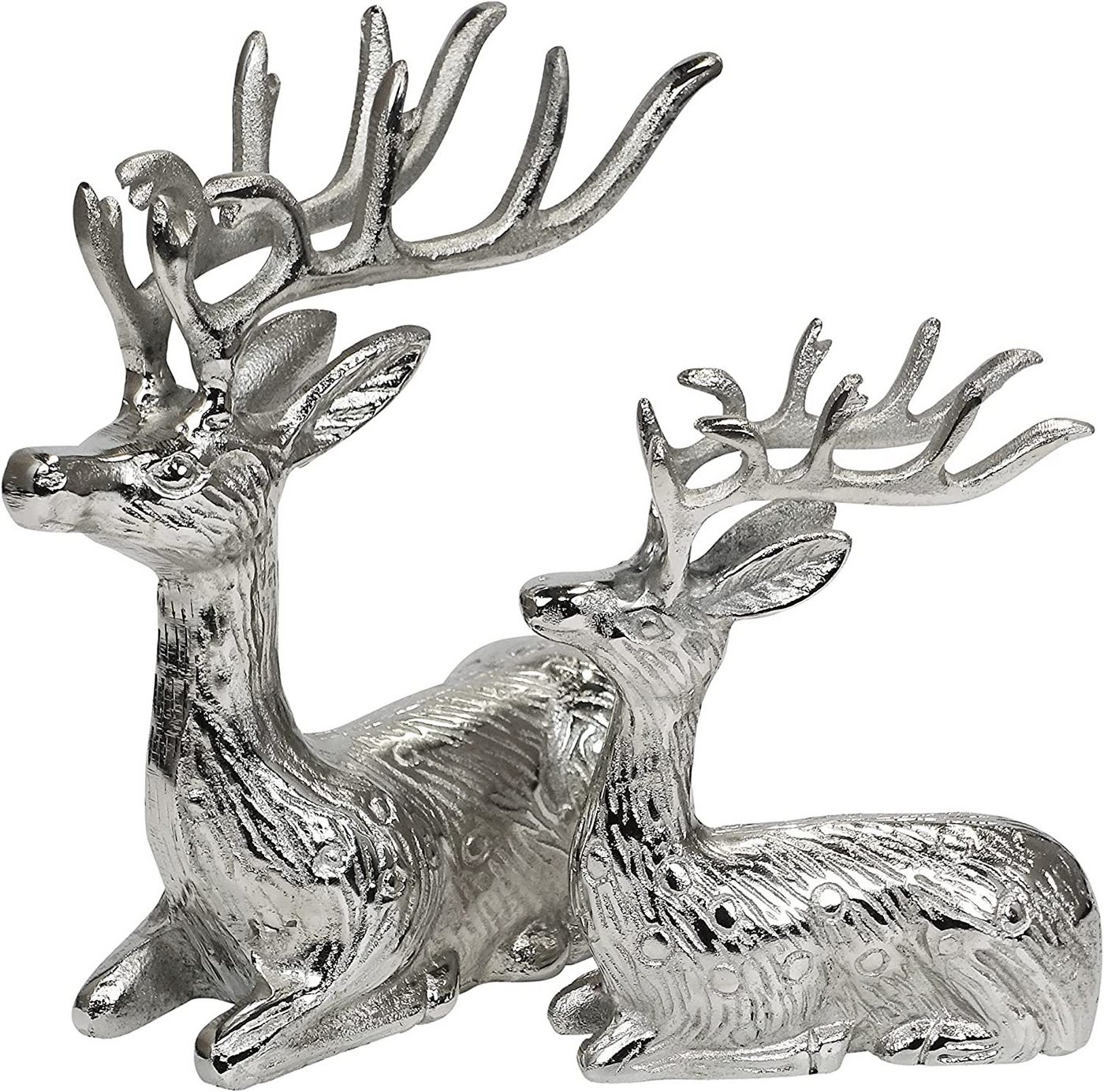 MichaelNoll Dekofigur Hirsch 2er Set - Liegend - Rentier Aluminium Metall Silber - Figur Statue Dekofigur - Deko für Wohnzimmer, Küche, Schlafzimmer - Weihnachten Winter - Hirschgeweih Dekoration von MichaelNoll