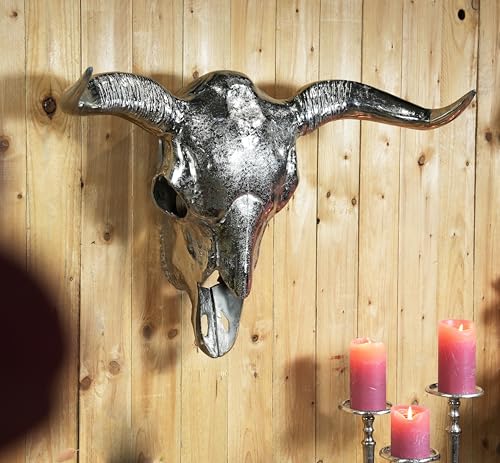 MichaelNoll Stierkopf Bulle Schädel Stier Bullenschädel Geweih Hörner Deko Dekoration - Wanddekoration Silber Aluminium Metall - Wanddeko Modern für Wohnzimmer und Schlafzimmer - XXL 75 cm von MichaelNoll