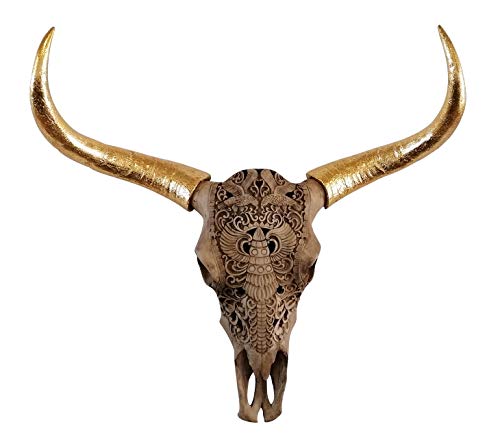 MichaelNoll Stierkopf Bullenkopf Stier Bullenschädel Geweih Hörner Wanddekoration Polyresin Gold Riesig Groß - Moderne Wanddeko für Schlafzimmer oder Wohnzimmer - Deko Dekoration - XXL 72 cm von MichaelNoll