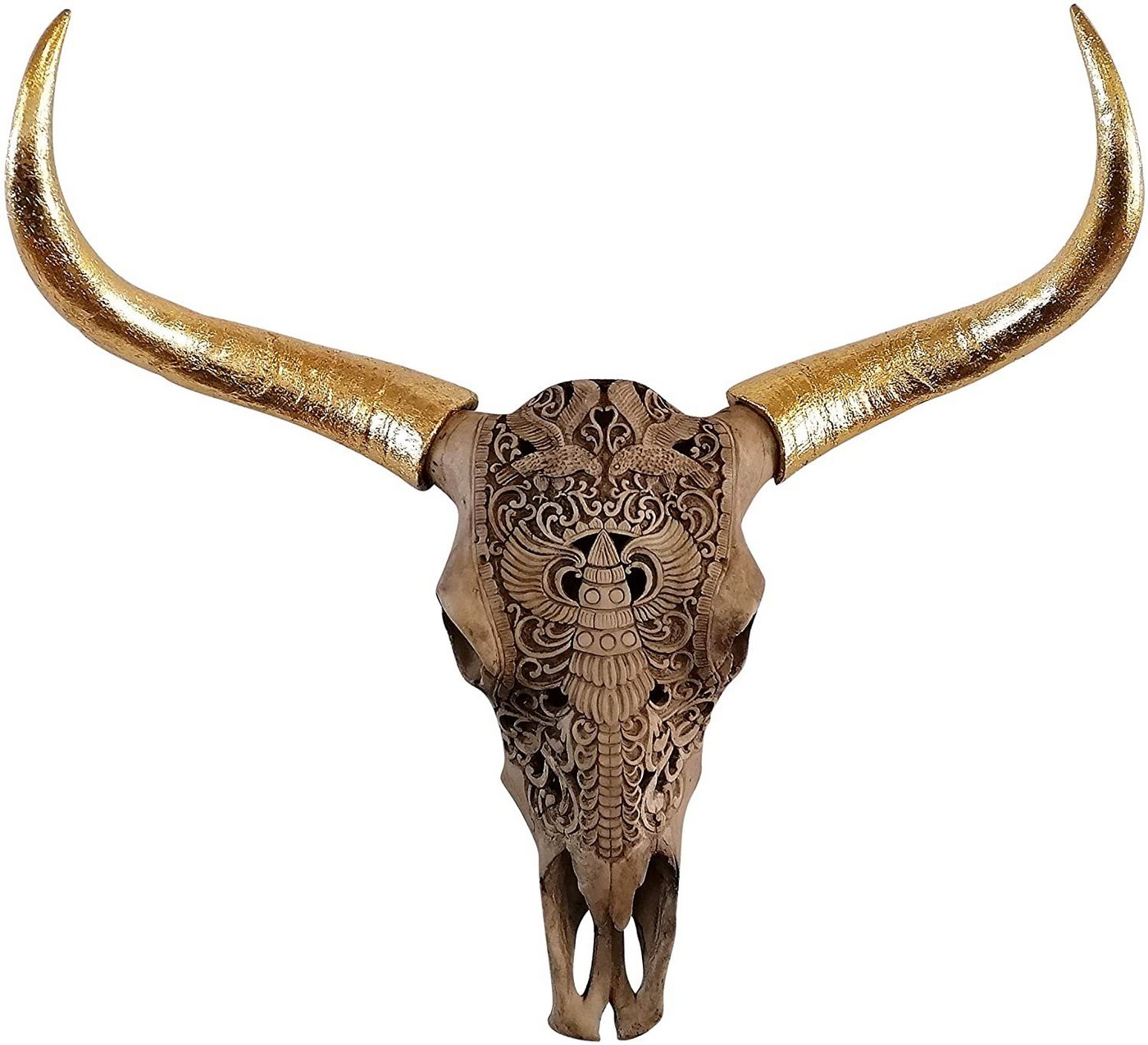 MichaelNoll Wanddekoobjekt Stierkopf Bullenkopf Stier Bullenschädel Geweih Hörner Wanddekoration Polyresin Gold Riesig Groß - Moderne Wanddeko für Schlafzimmer oder Wohnzimmer - Deko Dekoration - XXL 72 cm von MichaelNoll