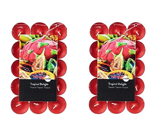 Teelichter Duft 2x30 Stück (60 Teelichter) - Brenndauer: 4,5 Std., Rußfrei - für Windlicht, Teelicht-Glas, Kerzenständer - Weihnachten, Geschenk, Deko, Hochzeit, Gastro (Rot - Duft: Tropische Früchte) von MichaelNoll
