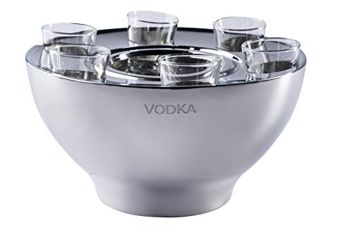 Wodkakühler Wodka Spirituosen Kühler"VODKA" Edelstahl + 6 Shotgläsern Silber, Flaschenkühler Getränkekühler, Party Geschenk 25x25x14 cm von MichaelNoll