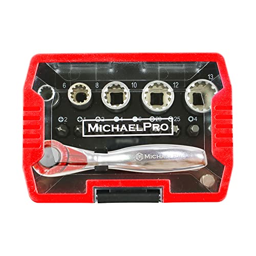 MichaelPro MP012006RD 1/4" Mini High Torque Mini Ratchet Screwdriver 17 in 1 Short Quarter Ratchet with Bits, Slotted and Adapter von MichaelPro