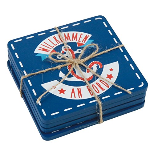 Maritime Untersetzer aus MDF-Holz für Tassen und Gläser, 10,5 x 10,5 cm, dunkelblau-Weiss-rot, mit Ankermotiv und Spruch Willkommen an Bord, 4er Pack, zur farbenfrohen maritimen Tischdekoration. von Michel Toys