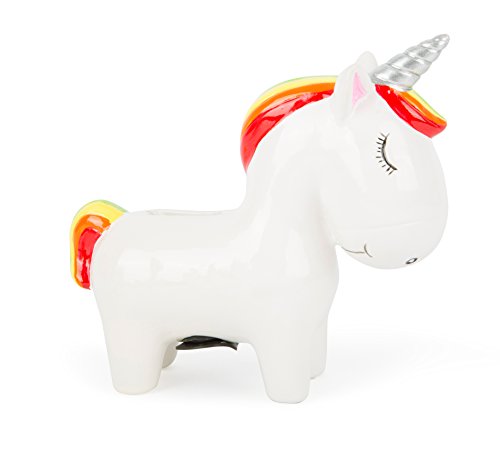 Michel Toys niedlicher Einhorn-Form, mit Münzschlitz und entnehmbarem Stopfen, lehrt den Umgang mit Geld Spardose, Keramik, Bunt, 12 x 4.5 x 11 cm von Michel Toys