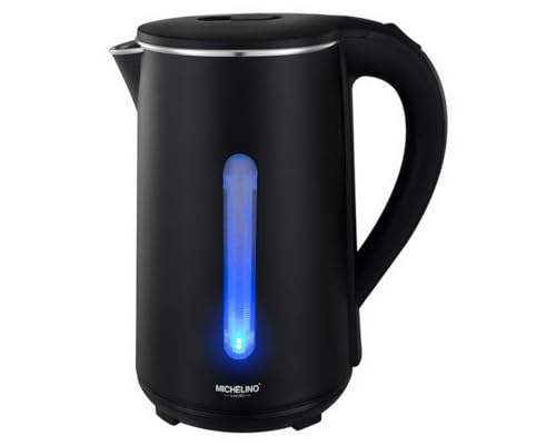 MICHELINO 1,8 Liter Wasserkocher mit LED-Licht Silber/kabelloser Ausguss schwarz mit 2 LEDs in rot und blau von Michelino