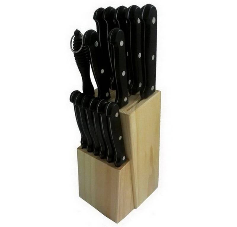 Michelino Messerblock Holz-Messerblock, Messerset, mit Messerschärfer, Wetzstahl (15tlg), scharfe Klingen aus Stahl, mit Hackbeil und Filitiermesser von Michelino