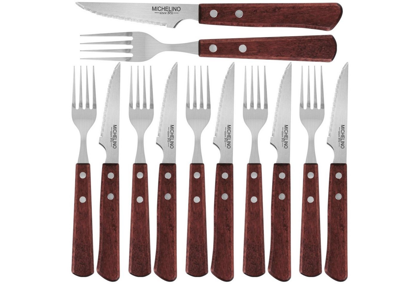 Michelino Steakbesteck Grillbesteck Set 12tlg. Holzgriff Steakmesser Steakgabel Besteckset, 6 Personen, Steak Besteck Essbesteck Fleischmesser Steakmesserset Wellenschliff von Michelino