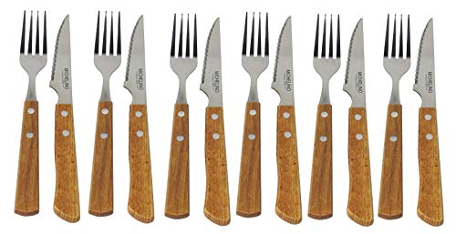 Michelino Steakbesteckset Grillbesteck 12-teilig – Steakgabel & Steakmesser - Edelstahl mit Holzgriff und polierter Klinge - im Geschenkkarton – Spülmaschinengeeignet von Michelino