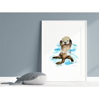 Baby Otter Kunstdruck Seeotter Gemälde Strand Haus Kinderzimmer Dekoration Ozean Tier Wandkunst Babyzimmer Jungenzimmer Verspieltes von MichelleDujardin