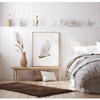 Schneeeule Kunst Fine Art Print Eule Dekoration Weiße Aquarell Eulen Druck Auf Leinwand Weiß Wanddeko Wohnzimmer Poster Schlafzimmer von MichelleDujardin