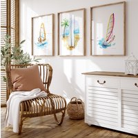 Windsurfing Kunst Segeln Aquarell Bilder 3Er Set Surfbrett Dekoration Strand Haus Bordüre von MichelleDujardin
