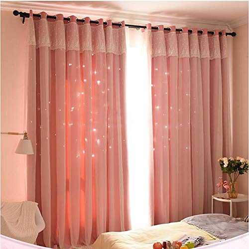 Michorinee 1 Stücke Gardinen Kinderzimmer Vorhang Mädchen Hohle Sterne Prinzessin Verdunkelung Kräuselband Blickdicht Ösenschal Spitze Voile Rosa für Mädchenzimmer 210 × 132cm (H × B) von Michorinee