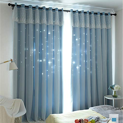 Michorinee 1 Stücke Vorhang Kinderzimmer Gardinen Mädchen Hohle Sterne Prinzessin Verdunkelung Kräuselband Blickdicht Ösenschal Spitze Voile Blau für Mädchenzimmer 137 × 132cm (H × B) von Michorinee