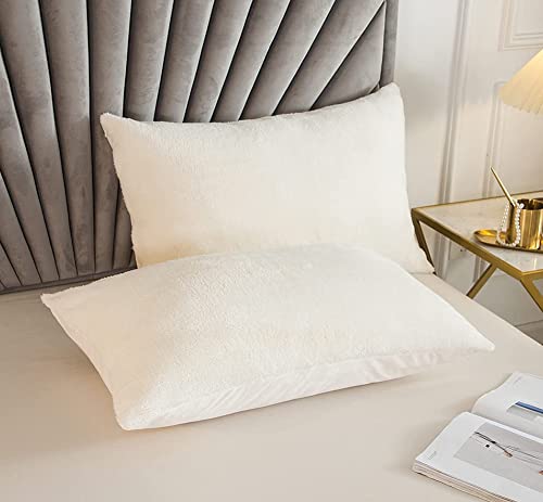 Michorinee 2er Set Warme Fleece Kissenbezug 40x80 cm Creme Weiß Cashmere Touch Kuschelig Flauschig Plüsch Samt Kissenhülle Kopfkissenbezug mit Reißverschluss von Michorinee