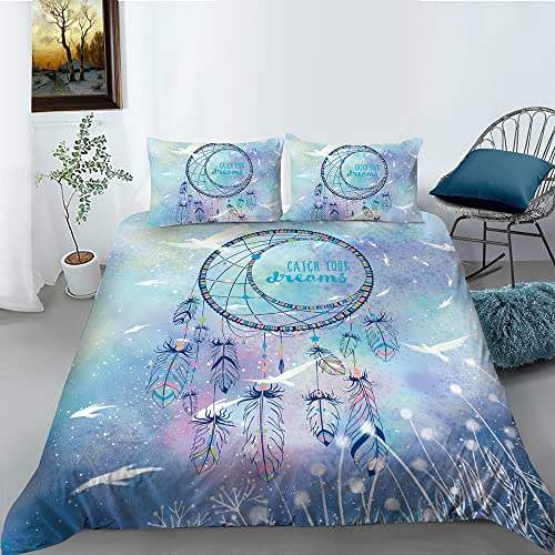 Michorinee Bettwäsche Traumfänger 135x200 Blau Microfaser Romantisch Federn Löwenzahn Bohemian Style Dreamcatcher Bettwäsche Set - Bettbezug 135 x 200 cm + Kissenbezug 80 x 80 cm von Michorinee