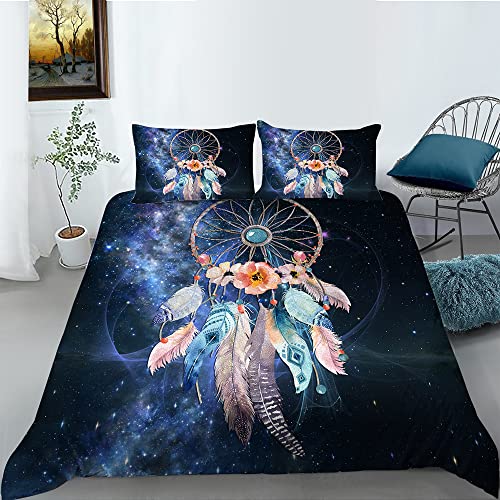 Michorinee Bettwäsche Traumfänger 135x200 Marineblau 2 TLG Microfaser Blumenmuster & Federn Bohemian Style Dreamcatcher Bettwäsche Set - Bettbezug 135 x 200 cm + Kissenbezug 80 x 80 cm von Michorinee