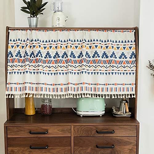 Michorinee Bistrogardine Geometrisches Muster Scheibengardine Boho Kurze Gardine Blickdicht Blau Küchenvorhang für Kaffee Schrank Schuhkarton B 143 × H 45 cm Baumwolle und Leinen mit Quaste von Michorinee