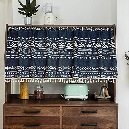 Michorinee Bistrogardine Geometrisches Muster Scheibengardine Boho Kurze Gardine Blickdicht Navy Blau Küchenvorhang für Kaffee Schrank Schuhkarton B 143 × H 45 cm Baumwolle und Leinen mit Quaste von Michorinee