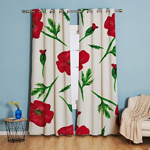 Michorinee Blickdicht Gardinen Blumen Vorhang Vintage Rot Flowers Grüne Blätter Muster Verdunkelungsvorhang mit Ösen Landhaus Polyester für Schlafzimmer 2 Stücke 158 × 132cm (H × B) von Michorinee