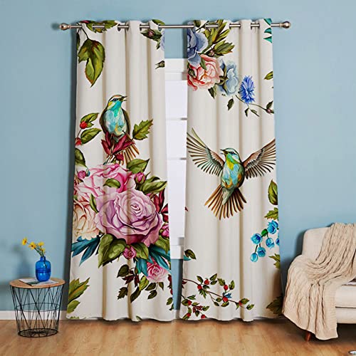 Michorinee Blickdicht Gardinen Blumen Vorhang Vintage Vögel Muster Verdunkelungsvorhang mit Ösen Landhaus Polyester Ösenschal für Schlafzimmer Wohnzimmer 2 Stücke 158 × 132cm (H × B) von Michorinee