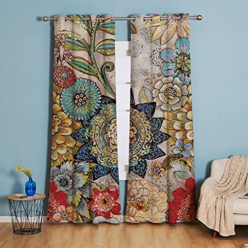 Michorinee Blickdicht Gardinen Boho Blumen Muster Vorhang Vintage Verdunkelungsvorhang mit Ösen Landhaus Dekoschal Kräuselband Blätter für Schlafzimmer Wohnzimmer 2 Stücke 158 × 132cm (H × B) von Michorinee