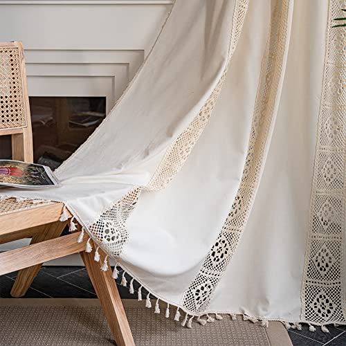 Michorinee Blickdicht Vorhang Gardinen Leinenoptik Boho Hohle Geometrisch Muster Verdunkelung Vorhänge Beige Baumwolle Gardinen mit Quaste für Küche Esszimmer 1er Set 150 × 160cm (B × H) von Michorinee