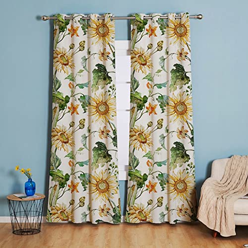 Michorinee Blumen Gardinen Blickdicht Vorhänge Vintage Landhaus Verdunkelungsvorhang mit Ösen Mikrofaser Laub Sonnenblume Dekoschal Kräuselband für Wohnzimmer, 1er Set 158 × 132cm (H × B) von Michorinee