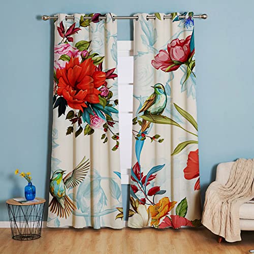 Michorinee Gardinen Blickdicht Vorhang Blumenmuster Vintage Verdunkelungsvorhang mit Ösen Landhausstil Polyester Ösenschal Vögel für Wohnzimmer Fenster 2 Stücke 210 × 132cm (H × B) von Michorinee