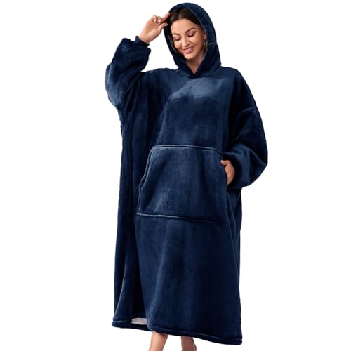 Michorinee Hoodie Decke Extra Lang Sherpa Tragbare Decke als Geschenke für Frauen Herren - Übergroße Decken Hoodie Weiche Warme Fleece Flanell Kuscheldecke mit Ärmeln und Tasche Blau von Michorinee