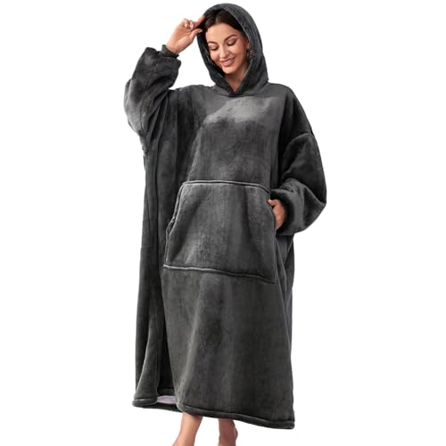 Michorinee Hoodie Decke Extra Lang Sherpa Tragbare Decke als Geschenke für Frauen Herren - Übergroße Decken Hoodie Weiche Warme Fleece Flanell Kuscheldecke mit Ärmeln und Tasche Dunkelgrau von Michorinee