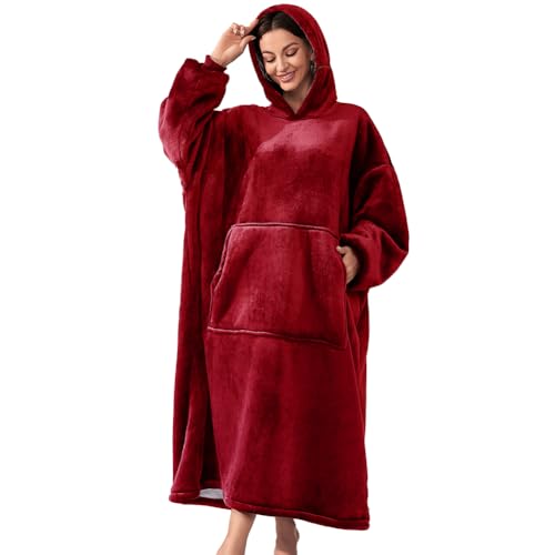 Michorinee Hoodie Decke Extra Lang Sherpa Tragbare Decke als Geschenke für Frauen Herren - Übergroße Decken Hoodie Weiche Warme Fleece Flanell Kuscheldecke mit Ärmeln und Tasche Rot von Michorinee