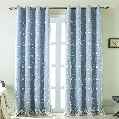 Michorinee Kinderzimmer Gardinen Mädchen Blau Vorhang Blickdicht Prinzessin Blumen Verdunkelung Gestickt 2 Schichten Kräuselband mit Ösen für Mädchenzimmer Fenster, 1 Stücke 240 × 132cm (H × B) von Michorinee