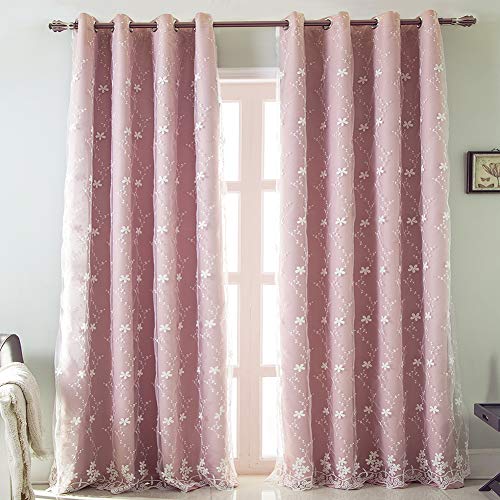 Michorinee Kinderzimmer Gardinen Mädchen Rosa Vorhang Blumen Prinzessin Blickdicht Gestickt Verdunkelung Kräuselband 2 Schichten mit Ösen für Mädchenzimmer Fenster, 1 Stücke 158 × 132cm (H × B) von Michorinee